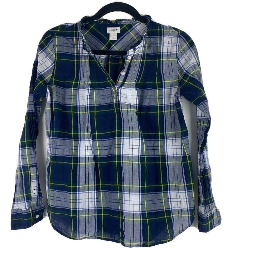 J. Crew Factory Women's Popover Top Size 2 Plaid Green Blue Lightweight Cotton